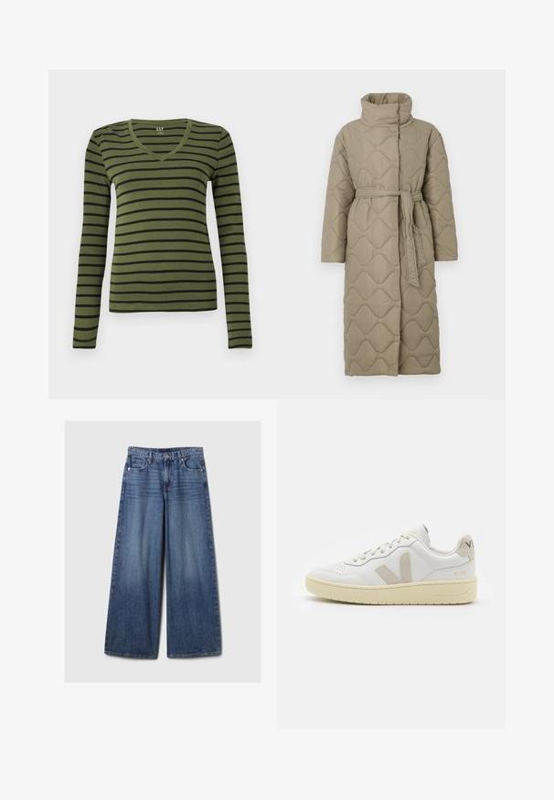 Cappotto lungo color taupe trapuntato con alto colletto e cintura in tessuto abbinato legata in vita, caratterizzato da cuciture a motivo ondulato in tutto il capo.; Maglietta verde oliva a maniche lunghe con scollo a V e strisce orizzontali nere, taglio aderente, etichetta GAP all'interno del colletto.; Jeans in denim blu a gamba larga con una finitura sbiadita, dotati di chiusura a bottone e zip, cinque tasche e passanti per cintura.; Sneaker in pelle bianca con dettagli in suede beige, punta perforata, lacci piatti e suola testurizzata color crema. Presenta un logo discreto sul tallone.