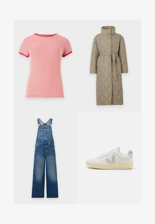 Hosszú taupe színű steppelt kabát magas gallérral és azonos anyagból készült övvel, amely a deréknál van megkötve, hullámmintás varrással az egész felületen.; Piros és fehér csíkos, rövid ujjú póló, kerek nyakkivágással, kontrasztos piros díszítéssel az ujjakon és a galléron, bordázott anyagból készült.; Farmer overál széles lábakkal, állítható pántokkal, elülső zsebbel és gombos részletekkel az oldalán. Sötétkék, kopott árnyalatokkal.; Fehér bőr sneaker bézs velúr részletekkel, perforált orr résszel, lapos fűzőkkel és textúrált krémszínű talppal. Finom márkajelzés található a sarkán.