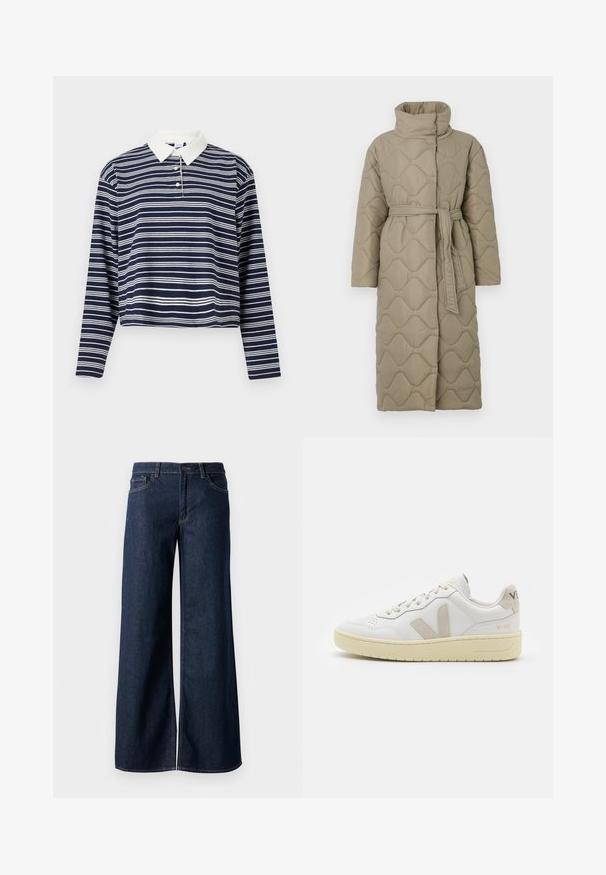 Długi, taupe'owy, pikowany płaszcz z wysokim kołnierzem i pasującym paskiem z materiału związanym w talii, z falistym wzorem przeszyć na całej powierzchni.; Granatowo-biały w paski, długi rękaw, polo z białym kołnierzykiem i trzema guzikami, krótki krój oraz miękka tekstura.; Jeansy z szerokimi nogawkami w ciemnoniebieskim denienie. Posiadają kontrastowe przeszycia, pięć kieszeni oraz zapięcie na guzik w talii. Gładka faktura.; Białe skórzane trampki z beżowymi zamszowymi akcentami, perforowanym noskiem, płaskimi sznurowadłami i teksturowaną kremową podeszwą. Posiadają subtelne logo na pięcie.