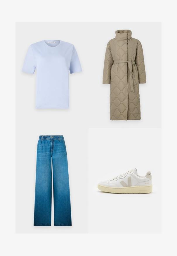 Manteau long en taupe matelassé avec col haut et ceinture en tissu assorti nouée à la taille, présentant des coutures en motif de vagues sur l'ensemble.; T-shirt bleu clair à manches courtes en coton doux. Il présente un col rond et un petit logo brodé sur la poitrine.; Jean à jambes larges en denim bleu clair, dotés d'une taille élastique, d'une fermeture à bouton et d'un design droit avec un effet décoloré.; Baskets blanches en cuir avec des accents en daim beige, boîte à orteils perforée, lacets plats et semelle texturée crème. Présente un logo discret au talon.