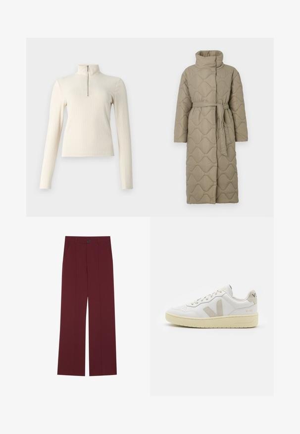 Pikk taupe värvi tikitud mantel kõrge kraega ja sobiva materjalist vööga, mis on seotud vöökohal, ning kogu ulatuses on lainelise mustriga tikand.; Kreemist ribikangast pullover pikade varrukatega ja mock kaelusega. Esiosas on veerandi pikkusega tõmblukk ja see on istuv. Üksik tekstuur.; Burgundi värvi laiad jalad püksid, nupuga kinnitamine, kaks külgtaskut ja kortsus esiosa. Sile kangatekstuur.; Valge nahast tenniseking, millel on beežist siidist aktsent ja aukudega varvas, lame paelad ja tekstureeritud koorevärvi tallad. Omab nüansirikast brändimist kannal.