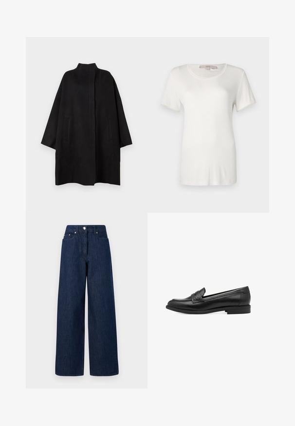 Μαύρο, υπερμεγέθες παλτό με ψηλό λαιμό, που διαθέτει δύο μπροστινές τσέπες και λεία υφή. Απλό σχέδιο με ίσια κοπή.; Λευκό κοντομάνικο μπλουζάκι φτιαγμένο από μαλακό, ελαστικό βαμβάκι. Διαθέτει στρογγυλή λαιμόκοψη και λεία, απλή υφή χωρίς ορατά σχέδια.; Ψηλόμεσα, σκούρα μπλε φαρδιά τζιν παντελόνια με κλείσιμο κουμπιού, εμπρόσθο τσέπες και βρόχους ζώνης σε λευκό φόντο.; Μαύρο δερμάτινο λευκό με μαλακή υφή, με ύφανση διακόσμησης στο πάνω μέρος και χαμηλό, στρογγυλό τακούνι. Απλός σχεδιασμός και σχήμα.
