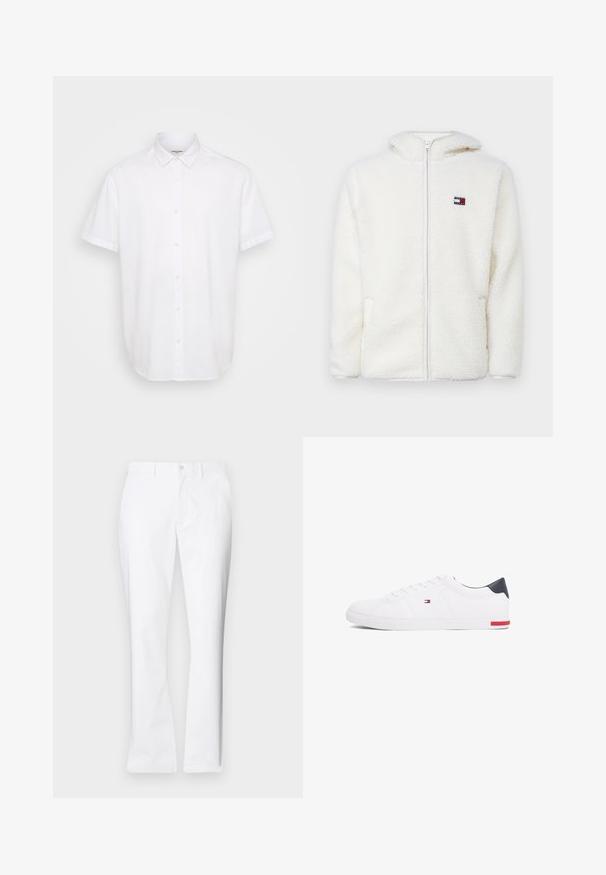 Felpa bianca con zip in pile, dal texture morbido, con cappuccio e tasche laterali. Piccolo logo sul lato sinistro del petto. Chiusura a zip liscia.; Maglione bianco con colletto grigio a zip, dotato di maniche lunghe e un piccolo logo di un uccellino blu sul petto. Texture morbida e liscia.; Camicia bianca a maniche corte e bottoni realizzata in tessuto leggero. Presenta un colletto classico, orlo dritto e una sottile texture.; Pantaloni di cotone bianchi con un design a gamba dritta, tasche frontali, chiusura con un bottone e una texture liscia.; Sneakers bianchi a punta bassa realizzati in pelle liscia. Presentano una tomaia blu navy sul tallone e un accento rosso sulla suola. Sei occhielli per i lacci.