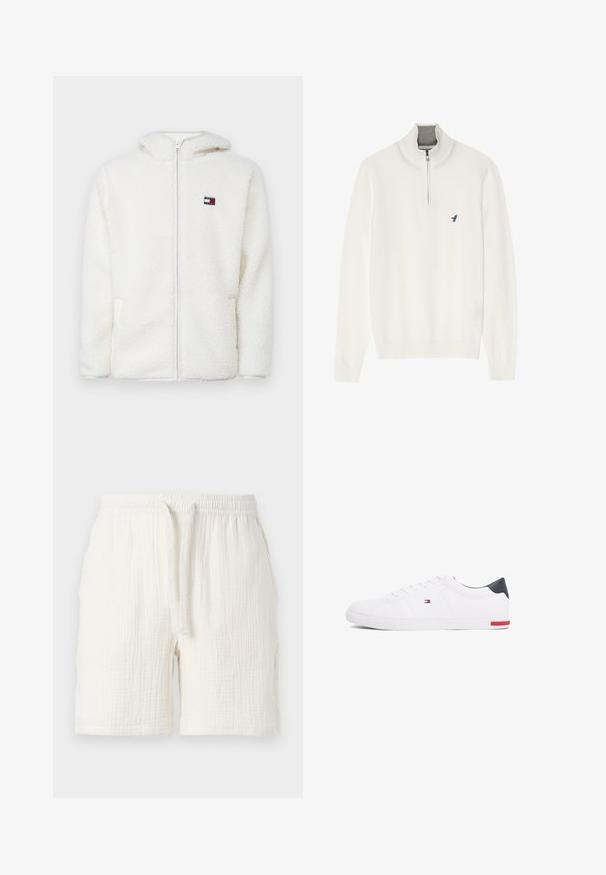 Biała polarowa bluza z zamkiem, o miękkiej fakturze, z kapturem i bocznymi kieszeniami. Małe logo na lewej piersi. Gładkie zapięcie na zamek.; Biały sweter z długim rękawem, z szarym zamkiem przy kołnierzu, z małym logo niebieskiego ptaka na klatce piersiowej. Miękka, gładka tekstura.; Lekkie, białe szorty bawełniane z elastycznym paskiem i sznurkiem, z dżetowym wykończeniem oraz luźnym krojem.; Białe niskie tenisówki wykonane z gładkiej skóry. Posiadają granatowy zapiętek i czerwony akcent na podeszwie. Sześć oczek na sznurowadła.
