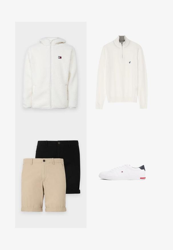 Balta pūkų zip-up gobtuvu, su minkšta tekstūra, turinčiu gobtuvą ir šonines kišenes. Mažas logotipas kairėje krūtinės pusėje. Lygus užtrauktukas.; Baltas megztinis su pilku užtrauktuku ant kaklo, ilgomis rankovėmis ir mažuoju mėlynu paukščio logotipu ant krūtinės. Minkšta, lygi tekstūra.; Du parų sukraustytų šortų: viena smėlinė ir viena juoda, pagaminti iš lygaus audinio, su priekiniais mygtukais ir klasikiniu dizainu.; Balti žemi kedai, pagaminti iš lygios odos. Yra tamsiai mėlynas kulno užsegimas ir raudona detalė ant pado. Šešios skylutės raišteliams.