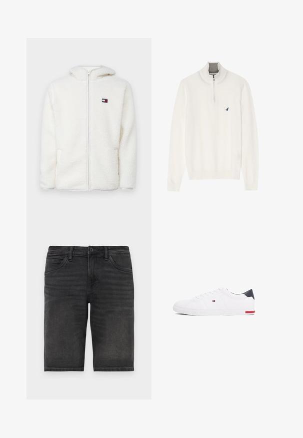 Sudadera con cremallera blanca de felpa, con una textura suave, que cuenta con una capucha y bolsillos laterales. Pequeño logo en el lado izquierdo del pecho. Cierre de cremallera suave.; Suéter blanco de cuello con cremallera gris, con mangas largas y un pequeño logo de un pájaro azul en el pecho. Textura suave y lisa.; Pantalones cortos de mezclilla negra con corte recto, cinco bolsillos y cierre de botón. Presentan un ligero desgaste y una textura de tela resistente.; Zapatillas bajas blancas de piel suave. Presentan una capucha en el talón de color marino y un acento rojo en la suela. Seis ojales para los cordones.