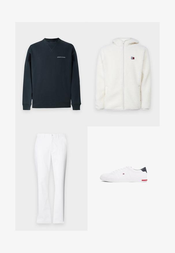Witte fleece zip-up hoodie met een zachte textuur, voorzien van een capuchon en zijzakken. Klein logo op de linkerkant van de borst. Glad rits sluiting.; Navyblauwe katoenen sweatshirt met ronde hals, geribde manchetten en zoom. Bevat het "LYLE & SCOTT" logo in het wit op de borst. Soepele textuur.; Witte katoenen broek met een recht model, voorkwasten, een enkele knoopsluiting en een gladde textuur.; Witte lage sneakers gemaakt van glad leer. Beschikt over een marineblauwe hielkap en een rode accent op de zool. Zes oogjes voor veters.
