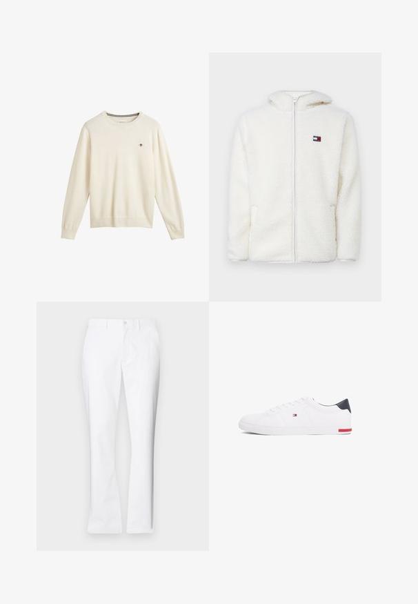 Witte fleece zip-up hoodie met een zachte textuur, voorzien van een capuchon en zijzakken. Klein logo op de linkerkant van de borst. Glad rits sluiting.; Crème-kleurige gebreide trui met lange mouwen en een ribgebreide onderrand, met een klein geborduurd logo op de borst. Soepele textuur.; Witte katoenen broek met een recht model, voorkwasten, een enkele knoopsluiting en een gladde textuur.; Witte lage sneakers gemaakt van glad leer. Beschikt over een marineblauwe hielkap en een rode accent op de zool. Zes oogjes voor veters.