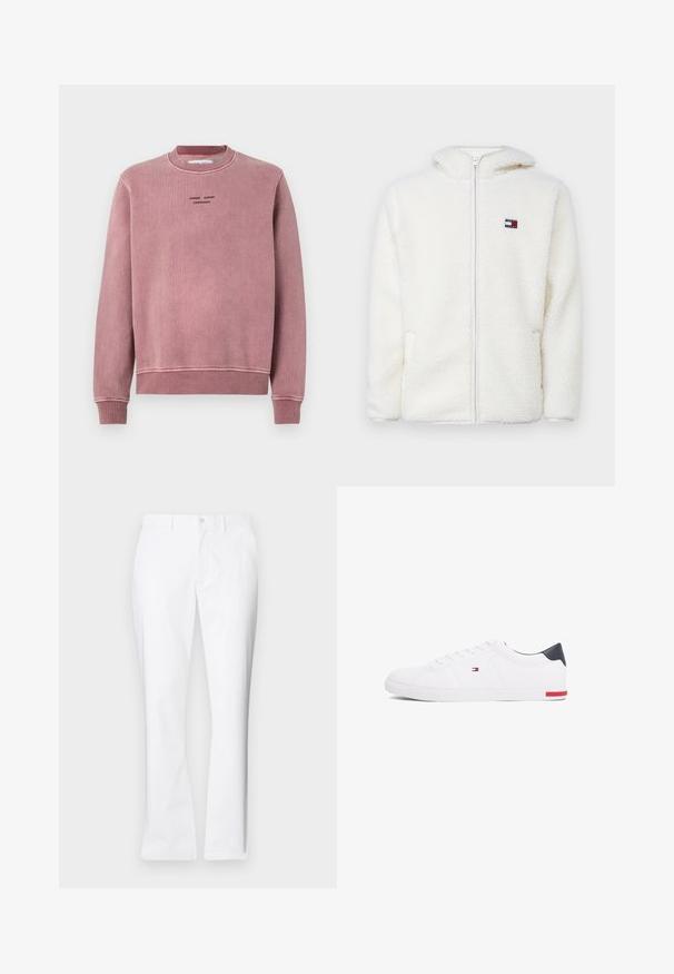 Hvit fleece zip-up hettejakke med myk tekstur, har hette og sidelommer. Liten logo på venstre bryst. Glatt glidelås-lukking.; Rosa pink genser med teksturert stoff, ribbestrikkede mansjetter og halslinning, samt broderte logodetaljer i svart på fronten.; Hvite bomullsbukser med rett ben-design, frontlommer, enkelt knappelukking og en jevn tekstur.; Hvite lave sneakers laget av glatt lær. Har en marineblå hælhette og en rød detalj på sålen. Seks hull til lisser.