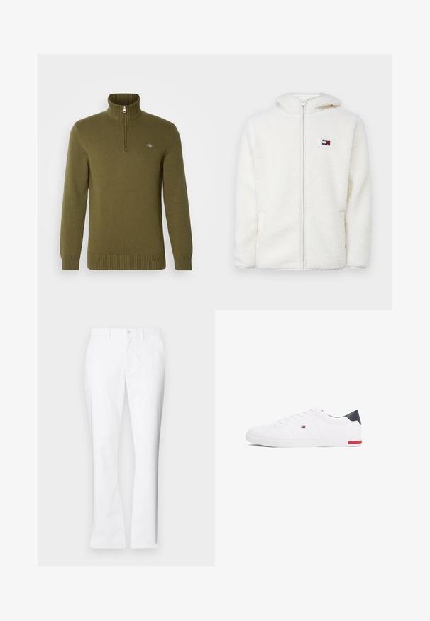 Balts vilnas rāvējslēdzēja kapu, kas ir mīksta un patīkama tekstūra, ar kapuci un sānu kabatām. Mazs logo kreisajā krūtīs. Gluda rāvējslēdzēja aizdare.; GANT CASUAL HALF ZIP - Džemperis - juniper green; Baltas kokvilnas bikses ar taisnu kāju dizainu, priekšējām kabatām, vienu pogu aizdari un gludu tekstūru.; Baltas zemu topu sporta apavus, kas izgatavoti no gludas ādas. Satura tumši zilu papēža daļu un sarkanu akcentu uz zoles. Seši caurumi šņorēm.