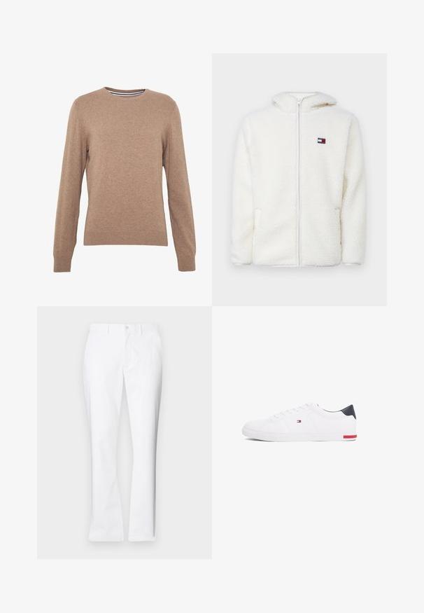 Felpa bianca con zip in pile, dal texture morbido, con cappuccio e tasche laterali. Piccolo logo sul lato sinistro del petto. Chiusura a zip liscia.; Maglione marrone realizzato in tessuto a maglia, con scollo rotondo e maniche lunghe. Polsini e orlo a coste, colore uniforme con una consistenza morbida.; Pantaloni di cotone bianchi con un design a gamba dritta, tasche frontali, chiusura con un bottone e una texture liscia.; Sneakers bianchi a punta bassa realizzati in pelle liscia. Presentano una tomaia blu navy sul tallone e un accento rosso sulla suola. Sei occhielli per i lacci.