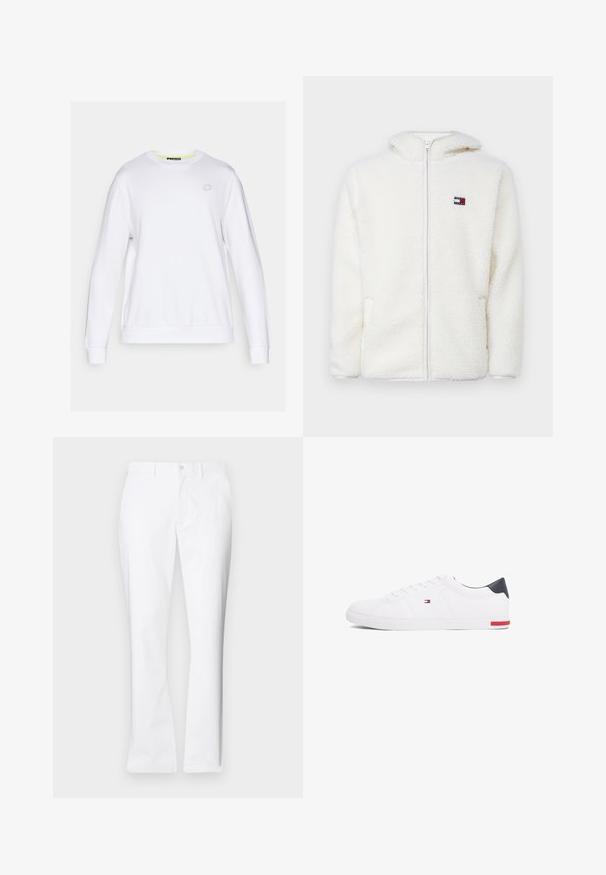 White fleece zip-up hoodie with a soft texture, featuring a hood and side pockets. Small logo on the left chest. Smooth zip closure.; White sweatshirt with long sleeves, round neckline, and ribbed cuffs. Features a subtle geometric logo on the chest. Smooth texture.; White cotton trousers with a straight-leg design, front pockets, a single button closure, and a smooth texture.; White low-top sneakers made of smooth leather. Features a navy heel cap and a red accent on the sole. Six eyelets for laces.
