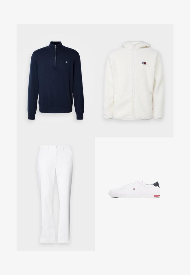 Felpa bianca con zip in pile, dal texture morbido, con cappuccio e tasche laterali. Piccolo logo sul lato sinistro del petto. Chiusura a zip liscia.; Pullover navy in maglia con colletto a mezza zip, texture in maglia morbida, maniche lunghe e un piccolo logo sul petto sinistro.; Pantaloni di cotone bianchi con un design a gamba dritta, tasche frontali, chiusura con un bottone e una texture liscia.; Sneakers bianchi a punta bassa realizzati in pelle liscia. Presentano una tomaia blu navy sul tallone e un accento rosso sulla suola. Sei occhielli per i lacci.