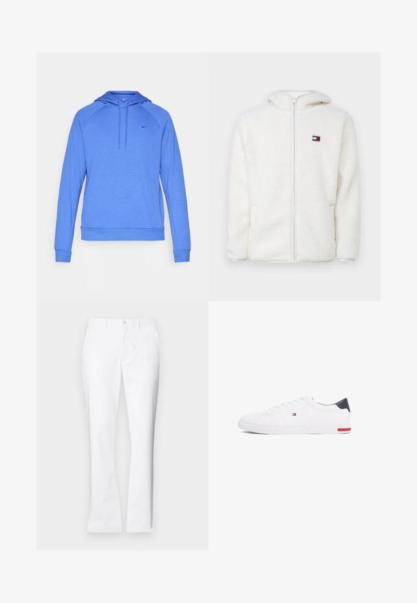 Felpa bianca con zip in pile, dal texture morbido, con cappuccio e tasche laterali. Piccolo logo sul lato sinistro del petto. Chiusura a zip liscia.; Felpa blu realizzata in tessuto morbido, dotata di una tasca frontale a marsupio, cappuccio con cordino e un piccolo logo sul petto.; Pantaloni di cotone bianchi con un design a gamba dritta, tasche frontali, chiusura con un bottone e una texture liscia.; Sneakers bianchi a punta bassa realizzati in pelle liscia. Presentano una tomaia blu navy sul tallone e un accento rosso sulla suola. Sei occhielli per i lacci.