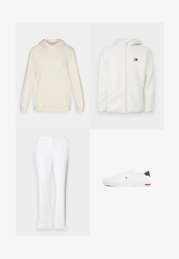 Biely fleecový zipsový mikina s jemnou textúrou, s kapucňou a bočnými vreckami. Malé logo na ľavej hrudi. Hladký zipsový uzáver.; Krémová mikina s dlhými rukávmi, nastaviteľnou kapucňou so šnúrkou a prednou kengurou vreckom. Obsahuje nenápadné biele logo Puma na hrudi.; Biele bavlnené nohavice so strihom rovného nohavice, prednými vreckami, jednom gombíkovým zapínaním a hladkou textúrou.; Biele nízkoprevádzkové tenisky vyrobené z hladkej kože. Majú námornícke zadočnú časť a červený akcent na podrážke. Šesť dierok na šnúrky.