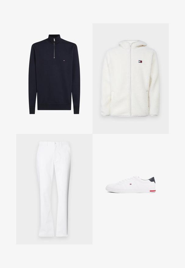 Felpa bianca con zip in pile, dal texture morbido, con cappuccio e tasche laterali. Piccolo logo sul lato sinistro del petto. Chiusura a zip liscia.; Felpa navy a mezza zip realizzata in tessuto morbido con una superficie liscia; presenta un piccolo logo sul petto e polsini e orlo a coste.; Pantaloni di cotone bianchi con un design a gamba dritta, tasche frontali, chiusura con un bottone e una texture liscia.; Sneakers bianchi a punta bassa realizzati in pelle liscia. Presentano una tomaia blu navy sul tallone e un accento rosso sulla suola. Sei occhielli per i lacci.