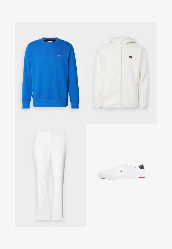 Biała polarowa bluza z zamkiem, o miękkiej fakturze, z kapturem i bocznymi kieszeniami. Małe logo na lewej piersi. Gładkie zapięcie na zamek.; Niebieska bluza z okrągłym dekoltem wykonana z miękkiego materiału, z ribbowanymi mankietami i dołem, z małym haftowanym logo na górnej części klatki piersiowej.; Białe bawełniane spodnie o prostym kroju, z przednimi kieszeniami, pojedynczym zapięciem na guzik oraz gładką fakturą.; Białe niskie tenisówki wykonane z gładkiej skóry. Posiadają granatowy zapiętek i czerwony akcent na podeszwie. Sześć oczek na sznurowadła.
