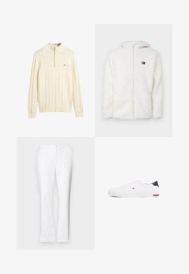 Sweat à capuche zippé en polaire blanche avec une texture douce, doté d'une capuche et de poches latérales. Petit logo sur la poitrine gauche. Fermeture éclair lisse.; Pull en tricot torsadé de couleur crème avec un col montant et une fermeture à demi-zip ; il présente des poignets et un ourlet côtelés, une texture douce et un accent logo.; Pantalon en coton blanc avec un design à jambes droites, poches avant, fermeture à un bouton et texture lisse.; Baskets basses blanches en cuir lisse. Dotées d'un talon en bleu marine et d'un accent rouge sur la semelle. Six œillets pour les lacets.