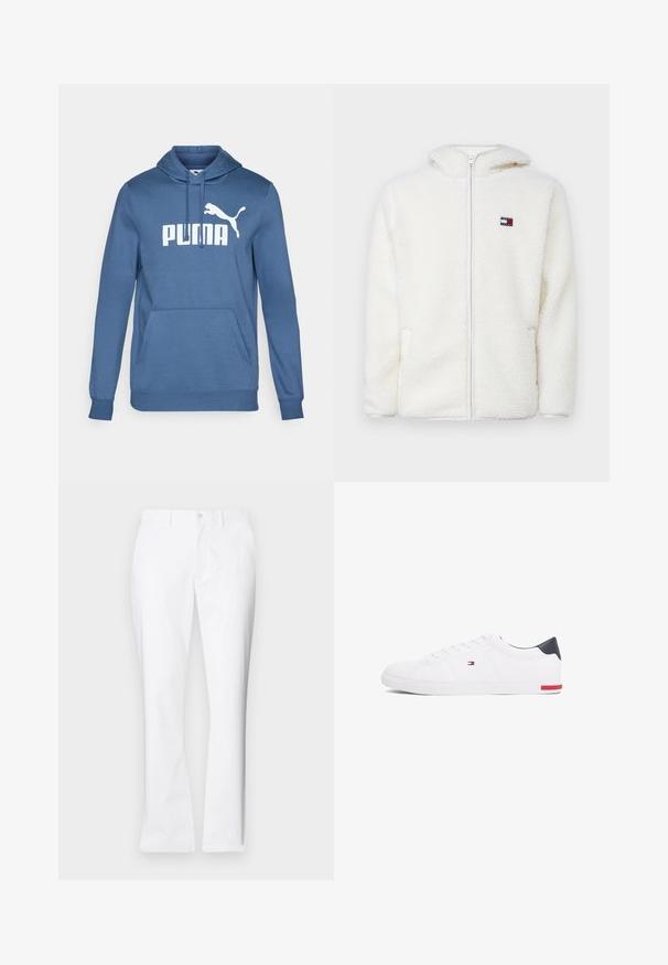Balts vilnas rāvējslēdzēja kapu, kas ir mīksta un patīkama tekstūra, ar kapuci un sānu kabatām. Mazs logo kreisajā krūtīs. Gluda rāvējslēdzēja aizdare.; Zila kokvilnas kapuce ar priekšējo kangaroo kabatu, ribotiem piedurknēm un lielu balto "PUMA" logo ar puma siluetu.; Baltas kokvilnas bikses ar taisnu kāju dizainu, priekšējām kabatām, vienu pogu aizdari un gludu tekstūru.; Baltas zemu topu sporta apavus, kas izgatavoti no gludas ādas. Satura tumši zilu papēža daļu un sarkanu akcentu uz zoles. Seši caurumi šņorēm.