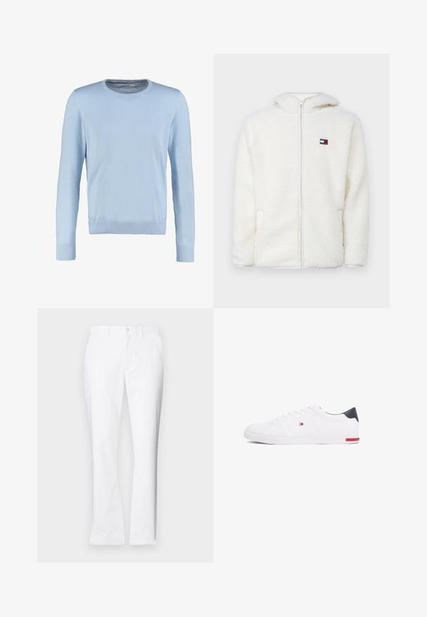 Weißer Fleece-Zip-Hoodie mit weicher Textur, ausgestattet mit einer Kapuze und seitlichen Taschen. Kleines Logo auf der linken Brust. Glatte Reißverschlussöffnung.; Helles blauer Langarm-Pullover mit Rundhalsausschnitt. Hat eine glatte Textur und gerippte Bündchen und Saum. Klassisches, körpernahes Design.; Weiße Baumwollhose mit geradem Bein, vorderen Taschen, einem einzigen Knopfverschluss und einer glatten Textur.; Weißes Low-Top-Sneaker aus glattem Leder. Mit einem marineblauen Fersenstück und einem roten Akzent an der Sohle. Sechs Ösen für die Schnürsenkel.