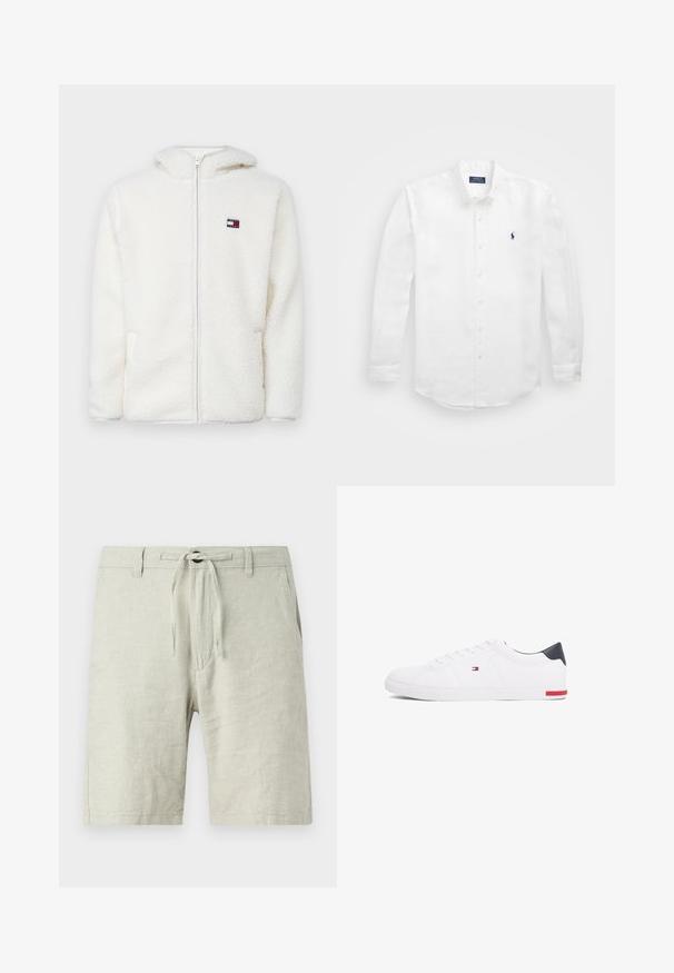 Sêda branca com fecho éclair, com uma textura suave, apresentando capuz e bolsos laterais. Pequeno logótipo no lado esquerdo do peito. Fecho éclair suave.; Camisa branca de manga longa feita de algodão, com colarinho abotoado, apresentando um pequeno logótipo azul-marinho no lado esquerdo do peito e fecho clássico com botões.; Calções de linho cinza claro com uma cintura elástica com cordão, bolsos laterais e um corte descontraído. Tecido texturizado com ligeiro brilho.; Sapatilhas brancas de cano baixo feitas de couro liso. Apresentam um bico azul-marinho e um detalhe vermelho na sola. Seis ilhoses para os atacadores.