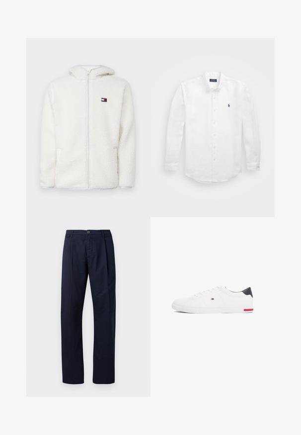 Witte fleece zip-up hoodie met een zachte textuur, voorzien van een capuchon en zijzakken. Klein logo op de linkerkant van de borst. Glad rits sluiting.; Witte lange mouwen shirt van katoen met een button-down kraag, voorzien van een klein marineblauw logo op de linkerborst en klassieke knoopsluiting.; Marineblauwe broek gemaakt van stof met een gladde textuur, met rechte pijpen, een knoopsluiting en een enkele voorplooien.; Witte lage sneakers gemaakt van glad leer. Beschikt over een marineblauwe hielkap en een rode accent op de zool. Zes oogjes voor veters.