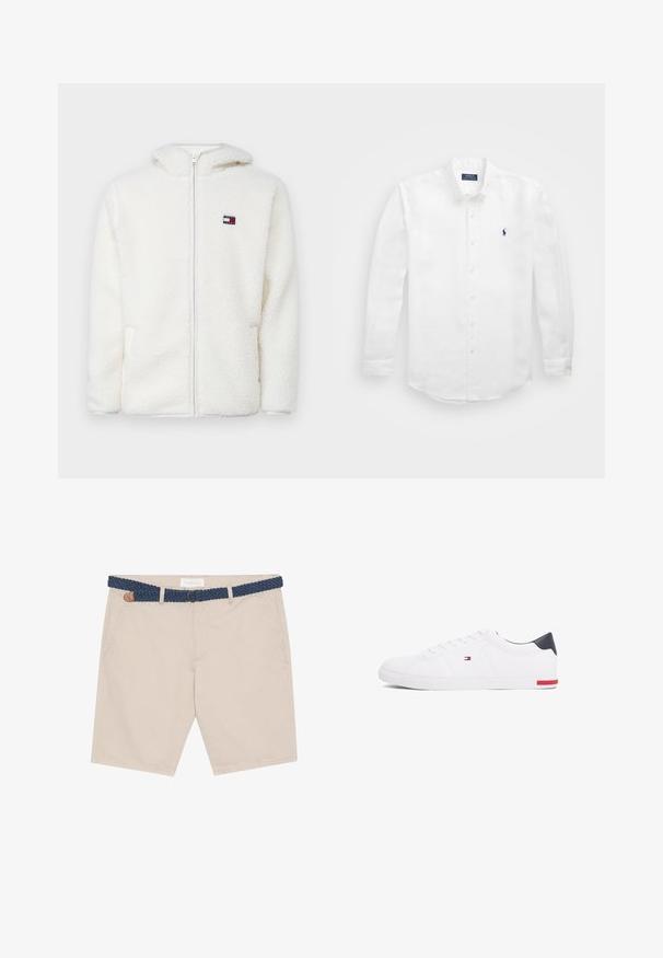 Valge fliist kapuutsiga jaki siredas tekstuuris, mis sisaldab kapuutsi ja küljetaskuid. Väike logo vasakul rinnal. Sile lukuga sulgemine.; Valge pikavarrukaga puuvillane särk, millel on nööpidega kaelus, vasakul rinnal väike tumesinine logo ja klassikaline nööpide sulgemine.; Beežid lühikesed püksid koos kootud sinise vööga. Omab esi- ja tagakotte, pruun nahkdetail ning spordilik disain, sobides sooja ilma jaoks.; Valged madalad tennisetossud, mis on valmistatud siledast nahast. Contains sinine kannaosa ja punase aktsendi kummipohjal. Kuus silmust paelte jaoks.