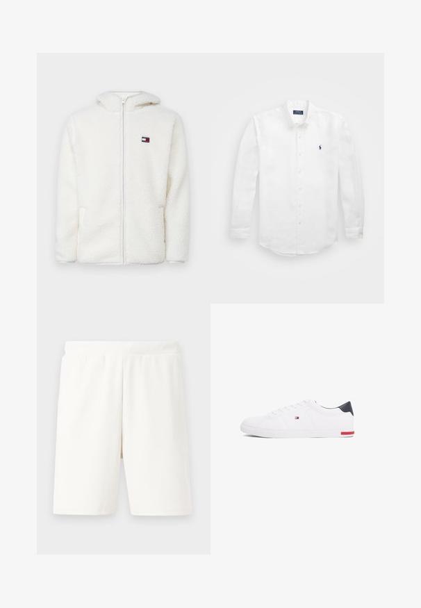 White fleece zip-up hoodie with a soft texture, featuring a hood and side pockets. Small logo on the left chest. Smooth zip closure.; White long-sleeve shirt made of cotton with a button-down collar, featuring a small navy logo on the left chest and classic button fastening.; White ribbed shorts with an elastic waistband, featuring a straight cut and soft texture, suitable for casual wear.; White low-top sneakers made of smooth leather. Features a navy heel cap and a red accent on the sole. Six eyelets for laces.