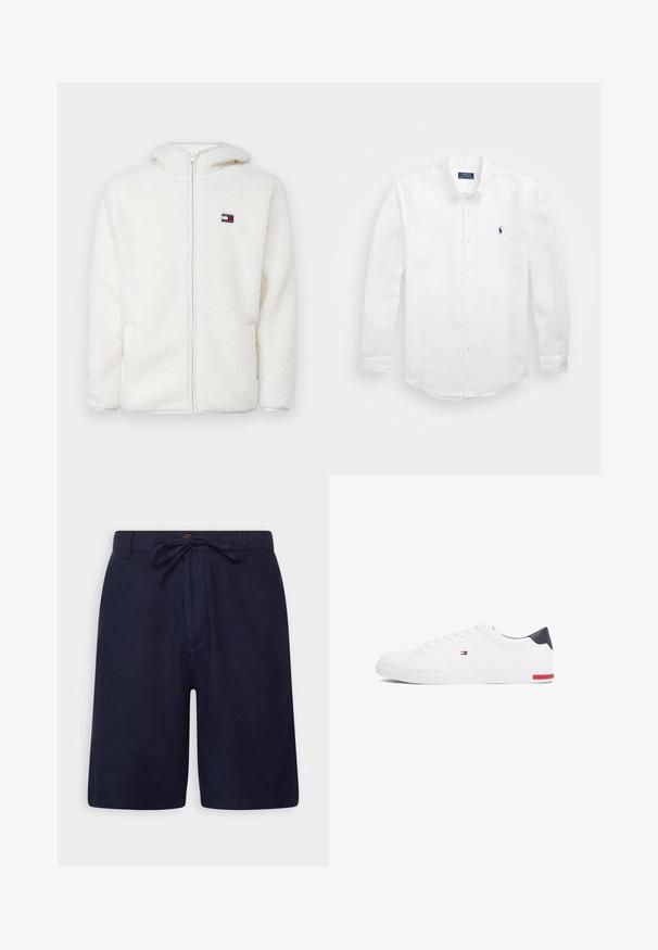 Biała polarowa bluza z zamkiem, o miękkiej fakturze, z kapturem i bocznymi kieszeniami. Małe logo na lewej piersi. Gładkie zapięcie na zamek.; Biała koszula z długim rękawem wykonana z bawełny, z kołnierzykiem na guziki, z małym granatowym logo na lewej piersi i klasycznym zapięciem na guziki.; Granatowe szorty wykonane z lekkiego materiału, z elastycznym paskiem, zapięciem na guzik oraz bocznymi kieszeniami. Gładka tekstura i dopasowany krój.; Białe niskie tenisówki wykonane z gładkiej skóry. Posiadają granatowy zapiętek i czerwony akcent na podeszwie. Sześć oczek na sznurowadła.