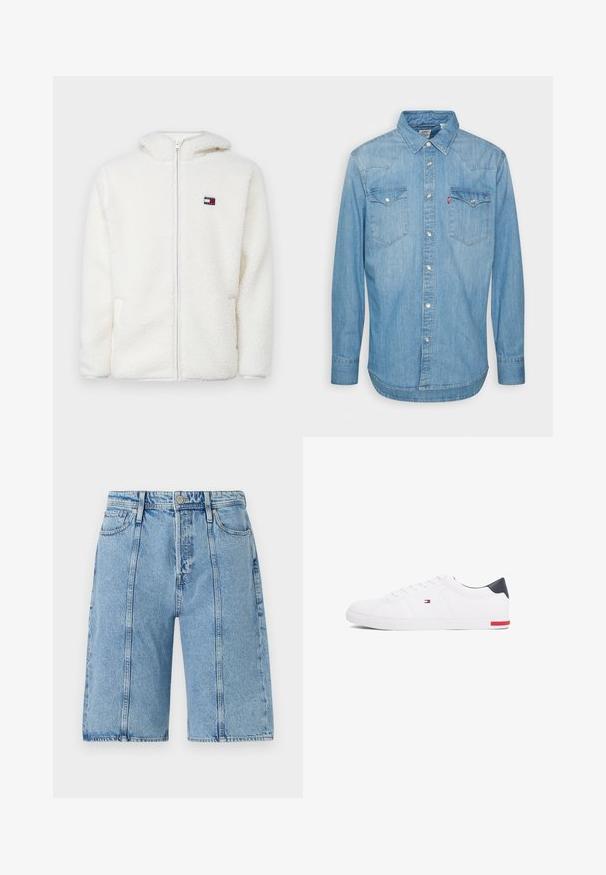 Fehér bolyhos zipzáras kapucnis pulóver, puha tapintással, kapucnival és oldalsó zsebekkel. Kis logó a bal mellen. Sima zipzáras záródás.; Világoskék farmering hosszú ujjal, hegyes gallérral és két mellzsebbel. Gombos záródással és ívelt aljjal rendelkezik.; Világoskék farmer sort, egyenes szabással, öt zsebes kialakítással és diszkrét kopással, fémből készült gombokkal és varrási részletekkel.; Fehér alacsony szárú sneaker sima bőrből. Tengerészkék sarokvédővel és piros díszítéssel a talpon. Hat fűzőlyuk a fűzők számára.