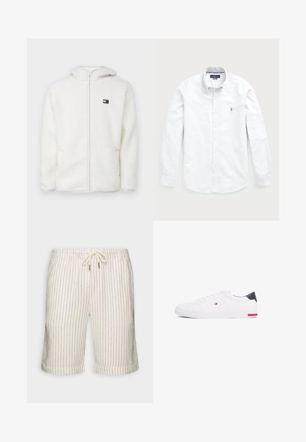 Biała polarowa bluza z zamkiem, o miękkiej fakturze, z kapturem i bocznymi kieszeniami. Małe logo na lewej piersi. Gładkie zapięcie na zamek.; Biała koszula z długim rękawem, zapinana na guziki, wykonana z bawełny. Posiada kołnierz typu spread, zapięcie na guziki oraz małe haftowane logo na piersi.; Szorty z mieszanki lnu w jasnym beżu z delikatnymi pionowymi brązowymi paskami. Posiadają elastyczny pas ze sznurkiem ściągającym oraz podwinięte nogawki.; Białe niskie tenisówki wykonane z gładkiej skóry. Posiadają granatowy zapiętek i czerwony akcent na podeszwie. Sześć oczek na sznurowadła.