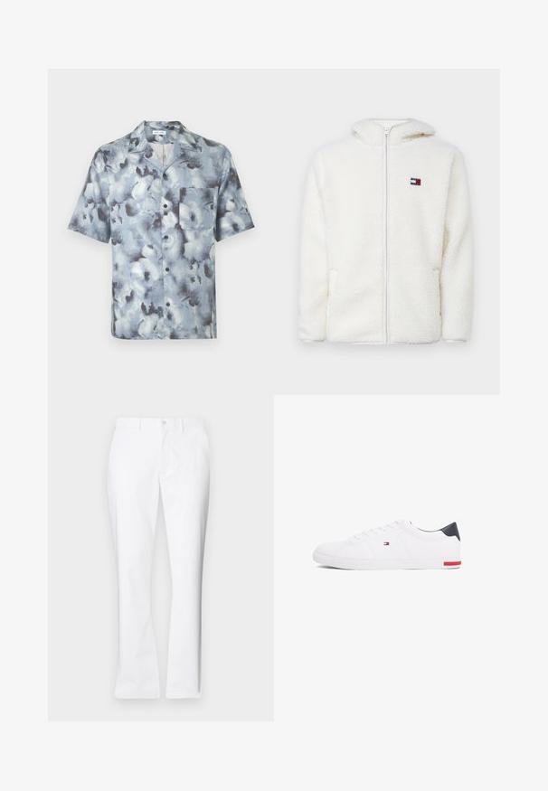 Valkoinen fleece-zip-up-huppari pehmeällä tekstuurilla, jossa on huppu ja sivutaskut. Pieni logo vasemmassa rinnassa. Sujuva vetoketjusulku.; Lyhythihainen napillinen paita, jossa on levitetty kaulus ja rintatasku, siniharmaassa abstraktissa pilvikuosissa.; Valkoiset puuvillahousut suoralla lahkeella, etutaskuilla, yhdessä napilla suljettuna ja sileällä pinnalla.; Valkoiset matalat tennarit, joissa on sileä nahka. Ominaisuuksiin kuuluu laivastonsininen kantapää ja punainen yksityiskohta pohjassa. Kuusi reikää nauhoille.