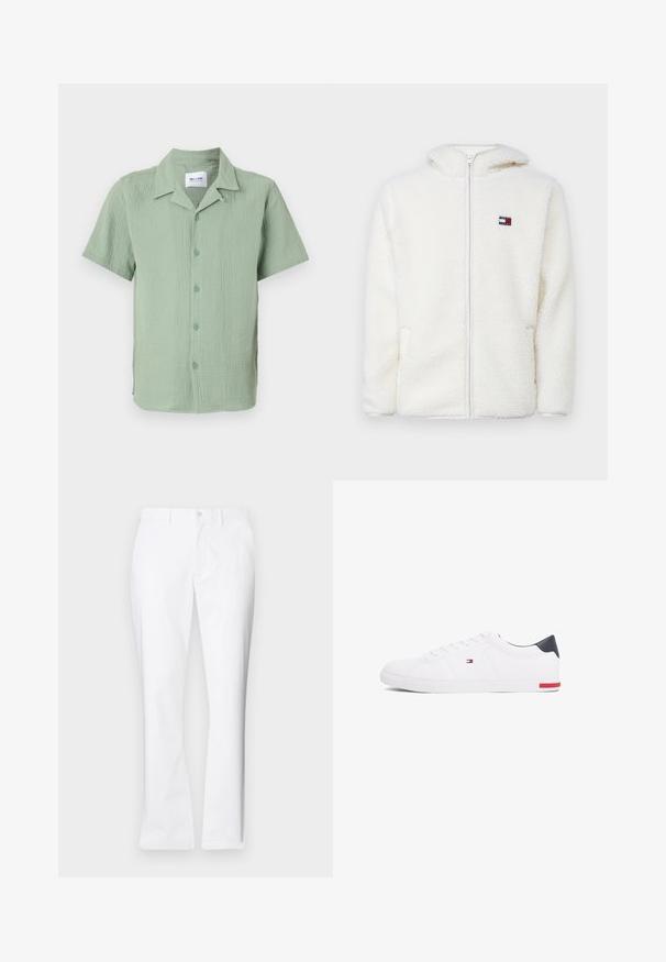 Weißer Fleece-Zip-Hoodie mit weicher Textur, ausgestattet mit einer Kapuze und seitlichen Taschen. Kleines Logo auf der linken Brust. Glatte Reißverschlussöffnung.; Kurzarmhemd in hellgrün, aus strukturiertem Stoff. Verfügt über einen klassischen Kragen, Frontknöpfe und eine lockere Passform mit abgerundetem Saum.; Weiße Baumwollhose mit geradem Bein, vorderen Taschen, einem einzigen Knopfverschluss und einer glatten Textur.; Weißes Low-Top-Sneaker aus glattem Leder. Mit einem marineblauen Fersenstück und einem roten Akzent an der Sohle. Sechs Ösen für die Schnürsenkel.