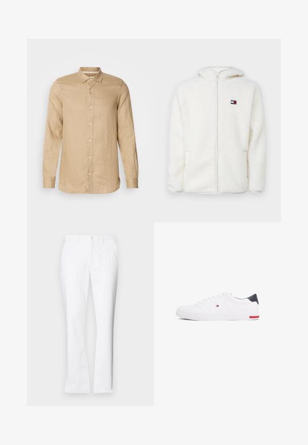 Hanorac alb din fleece, cu fermoar, având o textură moale, cu glugă și buzunare laterale. Logo mic pe pieptul stâng. Închidere cu fermoar neted.; Cămașă lungă cu mânecă din in, de culoare bej deschis, cu închidere prin nasturi, textură moale și guler. Include detalii cu manșete rulate.; Pantaloni albi din bumbac cu un design drept, buzunare frontale, închidere cu un singur buton și o textură netedă.; Adidași albi cu vârf jos, din piele netedă. Prezintă un toc albastru marine și un accent roșu pe talpă. Șase gauri pentru șireturi.