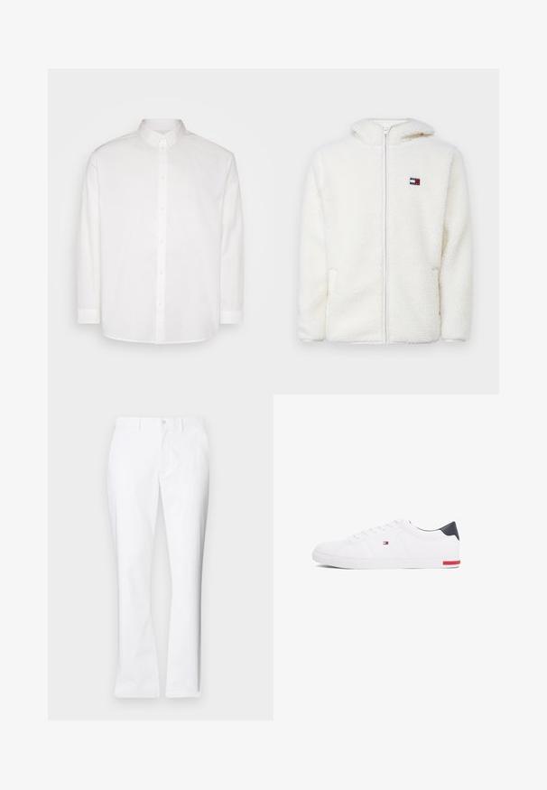 Weißer Fleece-Zip-Hoodie mit weicher Textur, ausgestattet mit einer Kapuze und seitlichen Taschen. Kleines Logo auf der linken Brust. Glatte Reißverschlussöffnung.; Pier One Hemd - white; Weiße Baumwollhose mit geradem Bein, vorderen Taschen, einem einzigen Knopfverschluss und einer glatten Textur.; Weißes Low-Top-Sneaker aus glattem Leder. Mit einem marineblauen Fersenstück und einem roten Akzent an der Sohle. Sechs Ösen für die Schnürsenkel.