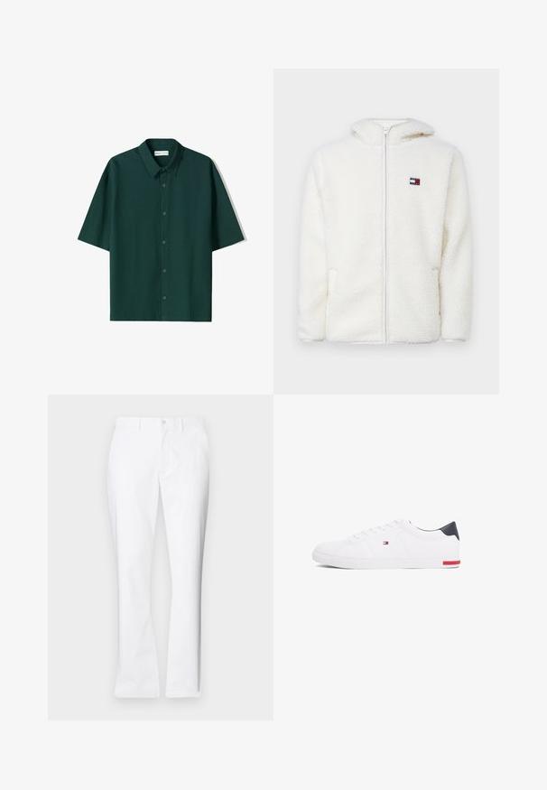 Witte fleece zip-up hoodie met een zachte textuur, voorzien van een capuchon en zijzakken. Klein logo op de linkerkant van de borst. Glad rits sluiting.; Korte mouwen shirt in donkergroen, textuurstof, met een knoopsluiting aan de voorkant en een klassieke kraag. Eenvoudig ontwerp, geen extra patronen of accenten.; Witte katoenen broek met een recht model, voorkwasten, een enkele knoopsluiting en een gladde textuur.; Witte lage sneakers gemaakt van glad leer. Beschikt over een marineblauwe hielkap en een rode accent op de zool. Zes oogjes voor veters.