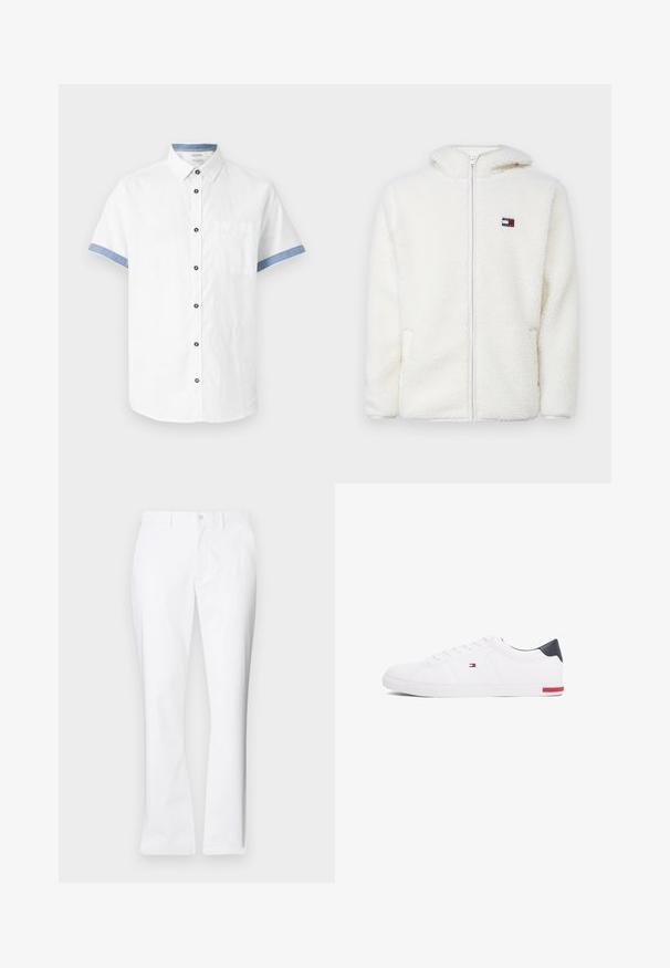 Felpa bianca con zip in pile, dal texture morbido, con cappuccio e tasche laterali. Piccolo logo sul lato sinistro del petto. Chiusura a zip liscia.; Camicia bianca a maniche corte con collo button-down, con accenti blu sui polsini e sul collo, e una tasca frontale. Realizzata in tessuto leggero.; Pantaloni di cotone bianchi con un design a gamba dritta, tasche frontali, chiusura con un bottone e una texture liscia.; Sneakers bianchi a punta bassa realizzati in pelle liscia. Presentano una tomaia blu navy sul tallone e un accento rosso sulla suola. Sei occhielli per i lacci.