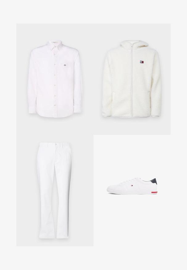 Fehér bolyhos zipzáras kapucnis pulóver, puha tapintással, kapucnival és oldalsó zsebekkel. Kis logó a bal mellen. Sima zipzáras záródás.; Fehér, hosszú ujjú ing, finom függőleges csíkos mintázattal, mellzsebbel és egy kis emblémával a zseben.; Fehér pamut nadrág egyenes szabású, elülső zsebekkel, egy gombos záródással és sima textúrával.; Fehér alacsony szárú sneaker sima bőrből. Tengerészkék sarokvédővel és piros díszítéssel a talpon. Hat fűzőlyuk a fűzők számára.