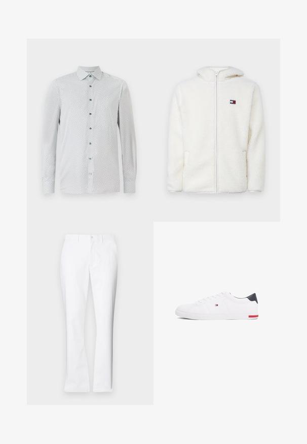 Fehér bolyhos zipzáras kapucnis pulóver, puha tapintással, kapucnival és oldalsó zsebekkel. Kis logó a bal mellen. Sima zipzáras záródás.; Fehér, hosszú ujjú ing, apró fekete geometriai mintával, zöld gombokkal és hegyes gallérral. Normál szabású, gombos mandzsettával.; Fehér pamut nadrág egyenes szabású, elülső zsebekkel, egy gombos záródással és sima textúrával.; Fehér alacsony szárú sneaker sima bőrből. Tengerészkék sarokvédővel és piros díszítéssel a talpon. Hat fűzőlyuk a fűzők számára.