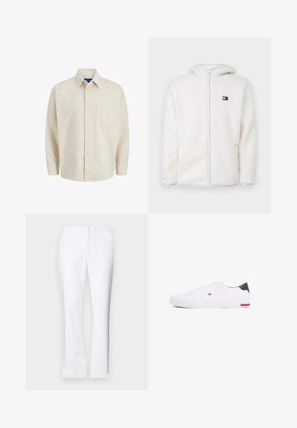 Balts vilnas rāvējslēdzēja kapu, kas ir mīksta un patīkama tekstūra, ar kapuci un sānu kabatām. Mazs logo kreisajā krūtīs. Gluda rāvējslēdzēja aizdare.; Beige korduroja krekls ar pogu priekšpusē, apkakli, garām piedurknēm un vienu krūšu kabatu. Iekļauj šauras vertikālas svītras.; Baltas kokvilnas bikses ar taisnu kāju dizainu, priekšējām kabatām, vienu pogu aizdari un gludu tekstūru.; Baltas zemu topu sporta apavus, kas izgatavoti no gludas ādas. Satura tumši zilu papēža daļu un sarkanu akcentu uz zoles. Seši caurumi šņorēm.