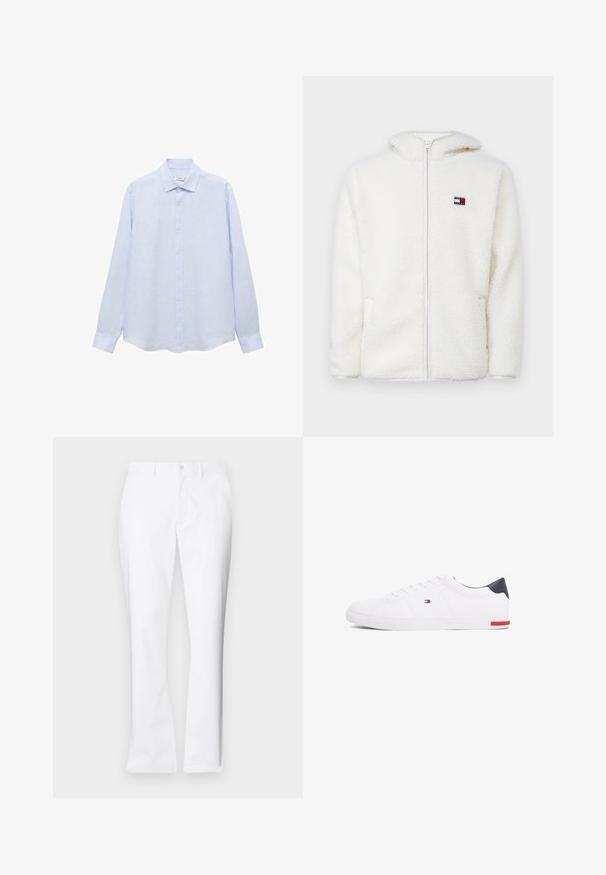 Valkoinen fleece-zip-up-huppari pehmeällä tekstuurilla, jossa on huppu ja sivutaskut. Pieni logo vasemmassa rinnassa. Sujuva vetoketjusulku.; Vaaleansininen pitkähihainen napitettava paita, joka on valmistettu teksturoidusta kankaasta. Ominaisuuksiin kuuluu klassinen kaulus ja suora leikkaus, jossa on hieman pyöristetty helma.; Valkoiset puuvillahousut suoralla lahkeella, etutaskuilla, yhdessä napilla suljettuna ja sileällä pinnalla.; Valkoiset matalat tennarit, joissa on sileä nahka. Ominaisuuksiin kuuluu laivastonsininen kantapää ja punainen yksityiskohta pohjassa. Kuusi reikää nauhoille.