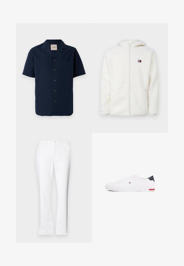 Valkoinen fleece-zip-up-huppari pehmeällä tekstuurilla, jossa on huppu ja sivutaskut. Pieni logo vasemmassa rinnassa. Sujuva vetoketjusulku.; Laivaston lyhythihainen paita, jossa on teksturoitu kuosi, nappisuljenta ja yksi rintatasku. Materiaali vaikuttaa kevyeltä ja hengittävältä.; Valkoiset puuvillahousut suoralla lahkeella, etutaskuilla, yhdessä napilla suljettuna ja sileällä pinnalla.; Valkoiset matalat tennarit, joissa on sileä nahka. Ominaisuuksiin kuuluu laivastonsininen kantapää ja punainen yksityiskohta pohjassa. Kuusi reikää nauhoille.