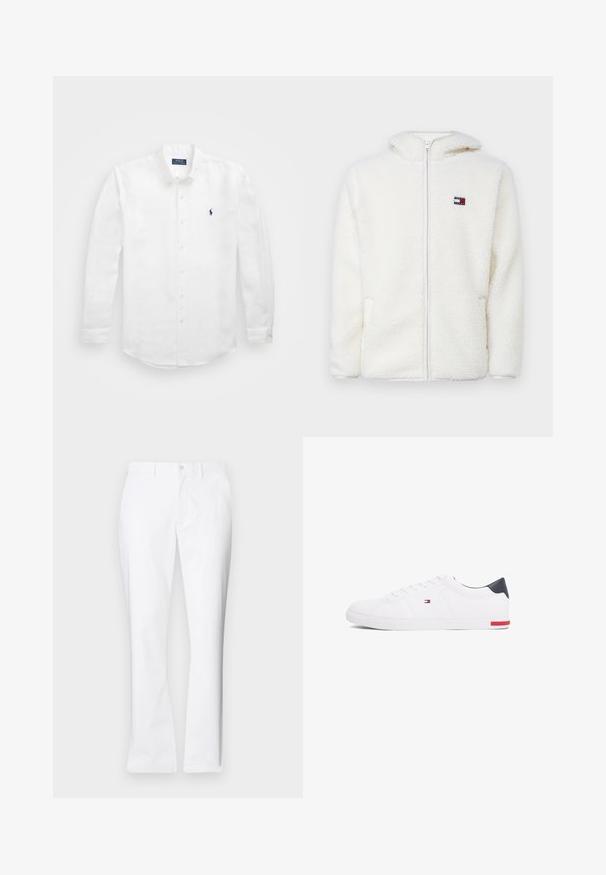 Balts vilnas rāvējslēdzēja kapu, kas ir mīksta un patīkama tekstūra, ar kapuci un sānu kabatām. Mazs logo kreisajā krūtīs. Gluda rāvējslēdzēja aizdare.; Balta garām piedurknēm krekls no kokvilnas ar pogāmu apvalku, ar mazu tumšzilgu logo kreisajā krūtī un klasisku pogu aizdari.; Baltas kokvilnas bikses ar taisnu kāju dizainu, priekšējām kabatām, vienu pogu aizdari un gludu tekstūru.; Baltas zemu topu sporta apavus, kas izgatavoti no gludas ādas. Satura tumši zilu papēža daļu un sarkanu akcentu uz zoles. Seši caurumi šņorēm.