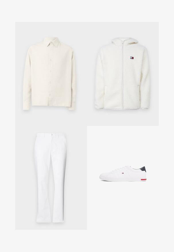 Bela flis zip-up kapuca z mehkim teksturama, ki vključuje kapuco in stranske žepe. Majhna znamka na levem prsnem delu. Gladek zadrgo.; Svetlo bež srajca s dolgimi rokavi iz teksturirane tkanine. Ima ovratnik in sprednje gumbno zapiranje ter ravno spodnji rob.; Beli bombažni hlače s ravnim krojem, sprednjimi žepi, z enim gumbom in gladko teksturo.; Beli nizki športni čevlji iz gladkega usnja. Imajo mornarsko modro zaščito na peti in rdeč poudarek na podplatu. Šest lukenj za vezalke.