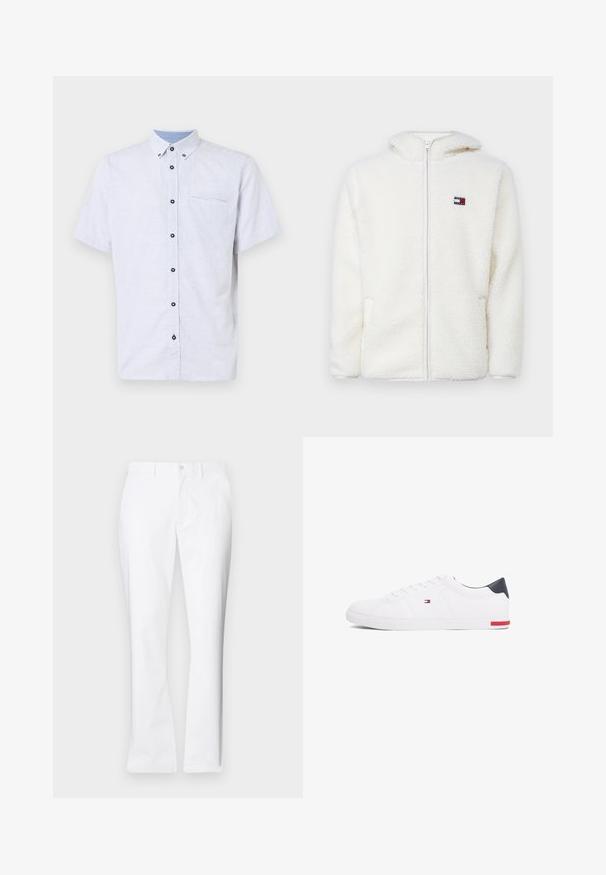 Balta pūkų zip-up gobtuvu, su minkšta tekstūra, turinčiu gobtuvą ir šonines kišenes. Mažas logotipas kairėje krūtinės pusėje. Lygus užtrauktukas.; Balta trumpa rankovėmis marškiniai su tamsiai mėlynu geometriniu raštu, kontrastinga apykakle ir viena krūtine kišenė su juodais mygtukais.; Balti medvilniniai kelnių su tiesiu pjūviu, priekinėmis kišenėmis, vieno mygtuko uždarymu ir lygiu paviršiumi.; Balti žemi kedai, pagaminti iš lygios odos. Yra tamsiai mėlynas kulno užsegimas ir raudona detalė ant pado. Šešios skylutės raišteliams.