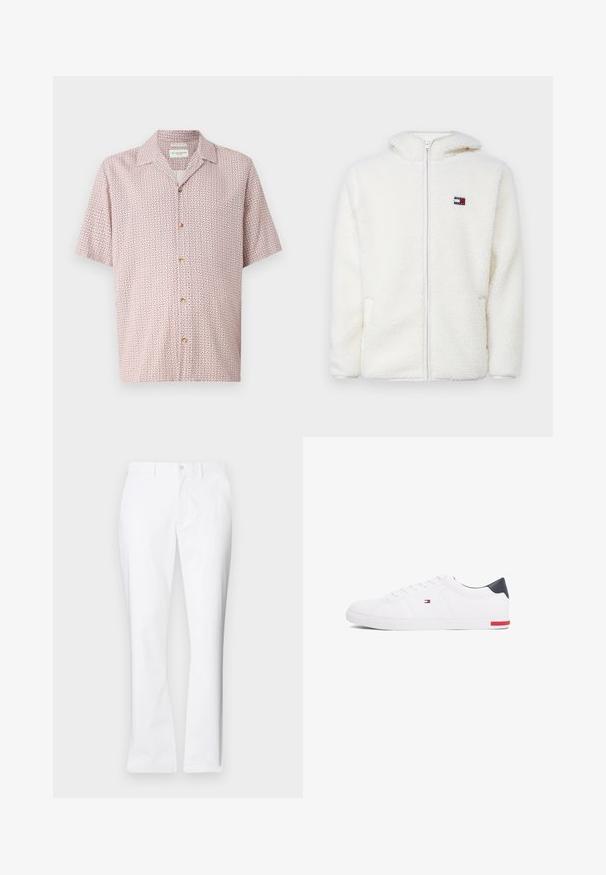 Balta pūkų zip-up gobtuvu, su minkšta tekstūra, turinčiu gobtuvą ir šonines kišenes. Mažas logotipas kairėje krūtinės pusėje. Lygus užtrauktukas.; Šviesiai rožinė trumpa rankovėmis palaidinė su geometriniu gėlių raštu. Turi mygtukų užsegimą priekyje ir klasikinius atvartus. Pagaminta iš minkštos medžiagos.; Balti medvilniniai kelnių su tiesiu pjūviu, priekinėmis kišenėmis, vieno mygtuko uždarymu ir lygiu paviršiumi.; Balti žemi kedai, pagaminti iš lygios odos. Yra tamsiai mėlynas kulno užsegimas ir raudona detalė ant pado. Šešios skylutės raišteliams.