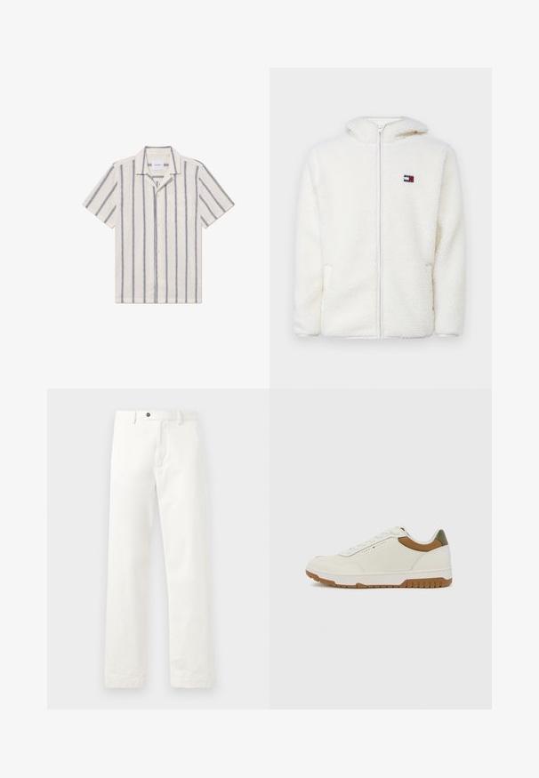 Hvid fleece zip-up hættejakke med en blød tekstur, der har en hætte og sidelommer. Lille logo på venstre bryst. Glat lynlås lukning.; Kortærmet skjorte i et lyst beige stof med mørkeblå lodrette striber, der har en knappet front og en brystlomme.; Hvide skræddersyede bukser lavet af en bomuldsblanding. Har et lige ben-design, frontlommer og en enkelt knaplukning.; Tommy Hilfiger BASKET CORE - Sneakers - ecru/army green