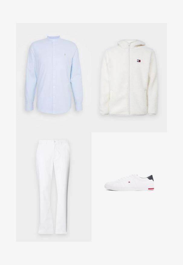 Weißer Fleece-Zip-Hoodie mit weicher Textur, ausgestattet mit einer Kapuze und seitlichen Taschen. Kleines Logo auf der linken Brust. Glatte Reißverschlussöffnung.; Hellblaues Langarmhemd mit Stehkragen, Frontknöpfen und kleinem gelben Logo auf der Brust. Baumwollmaterial, glatte Textur.; Weiße Baumwollhose mit geradem Bein, vorderen Taschen, einem einzigen Knopfverschluss und einer glatten Textur.; Weißes Low-Top-Sneaker aus glattem Leder. Mit einem marineblauen Fersenstück und einem roten Akzent an der Sohle. Sechs Ösen für die Schnürsenkel.