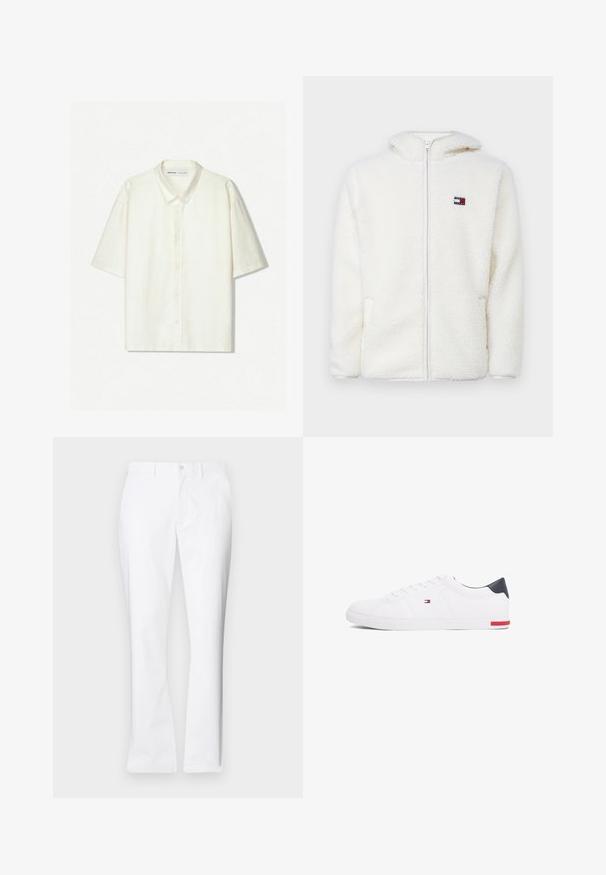 Fehér bolyhos zipzáras kapucnis pulóver, puha tapintással, kapucnival és oldalsó zsebekkel. Kis logó a bal mellen. Sima zipzáras záródás.; Rövid ujjú, gombos ing krémszínű lenből. Klasszikus gallérral, elülső gombokkal és laza szabással rendelkezik. Minimalista dizájn, finom textúrával.; Fehér pamut nadrág egyenes szabású, elülső zsebekkel, egy gombos záródással és sima textúrával.; Fehér alacsony szárú sneaker sima bőrből. Tengerészkék sarokvédővel és piros díszítéssel a talpon. Hat fűzőlyuk a fűzők számára.