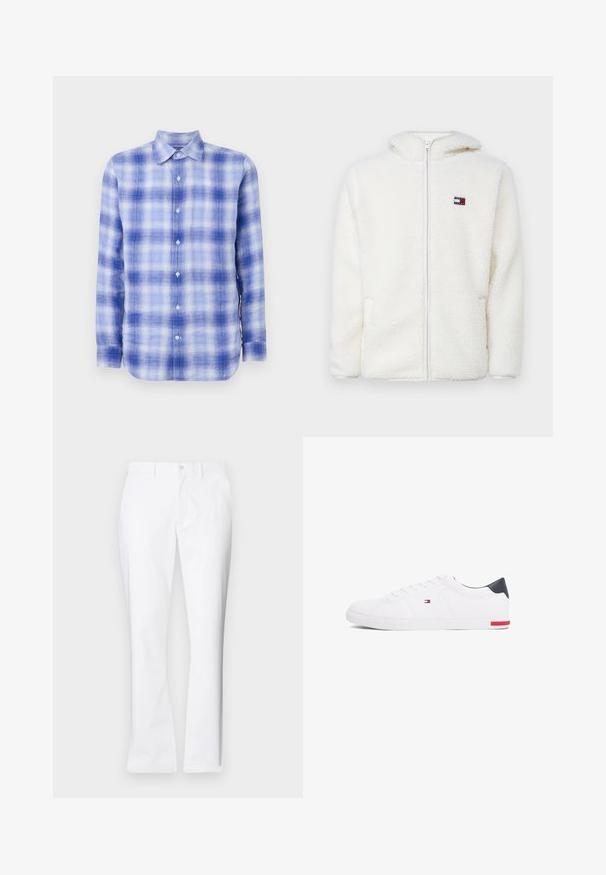 Valge fliist kapuutsiga jaki siredas tekstuuris, mis sisaldab kapuutsi ja küljetaskuid. Väike logo vasakul rinnal. Sile lukuga sulgemine.; Sinine ja valge ruuduline pikakä sleevesärk, millel on nööpideta krae, pehme tekstuur ja tavaline lõige. Nöödid on nähtavad ees.; Valged puuvillased püksid otsekülje disainiga, ees pooled taskud, üksainus nööp kinnitamiseks ja sujuv tekstuur.; Valged madalad tennisetossud, mis on valmistatud siledast nahast. Contains sinine kannaosa ja punase aktsendi kummipohjal. Kuus silmust paelte jaoks.